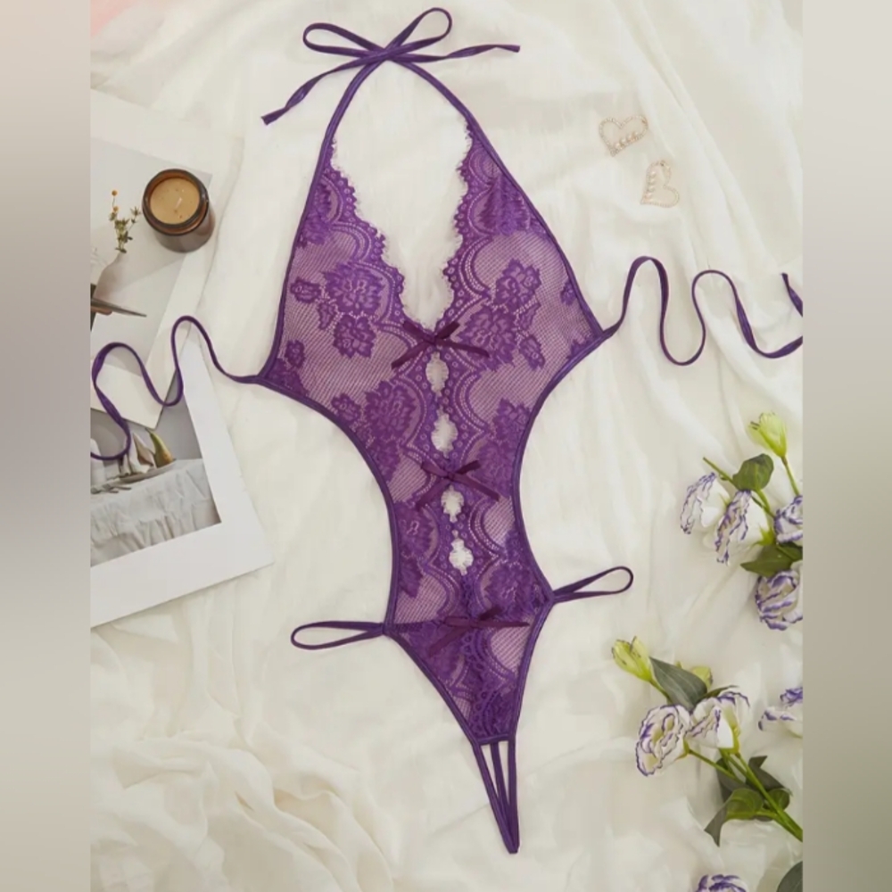 1pc Elegant Lace Bodysuits- Sexy Floral Pattern Knit Fabric with Bow D